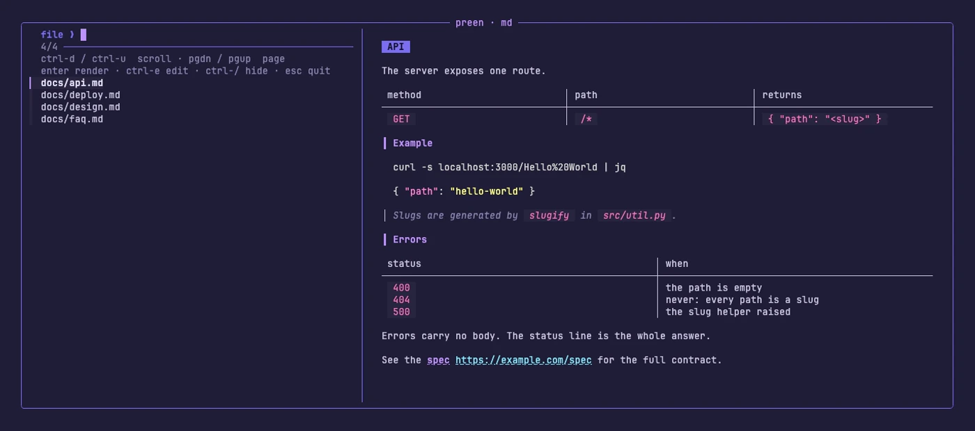 preen rendering markdown files from a picker